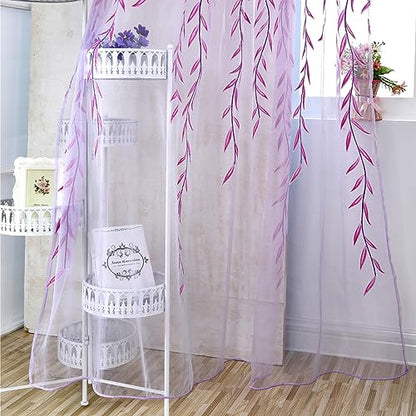 Ufurty 2pcs Willow Leaf Window Curtain Voile Tulle Sheer Vine Curtains - color: Purple Leaf, size: 39.4"W x 78.7"L (Pack of 2)
