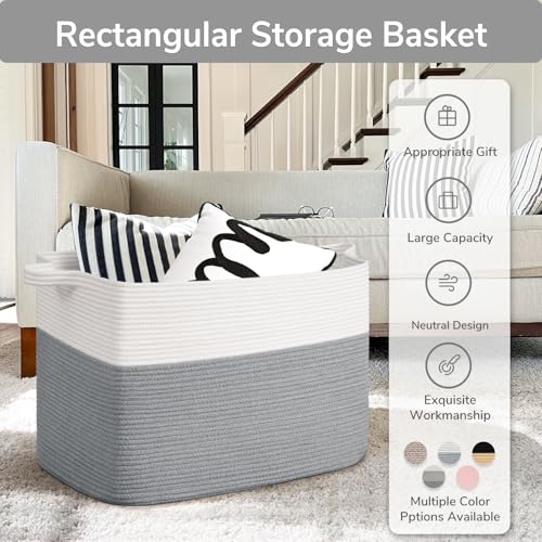 Goodpick 105L Extra Large Woven Rope Blanket Basket, Rectangle, Gray - color: Grey, size: XX-Large(25"L x 16"W x 16"H)