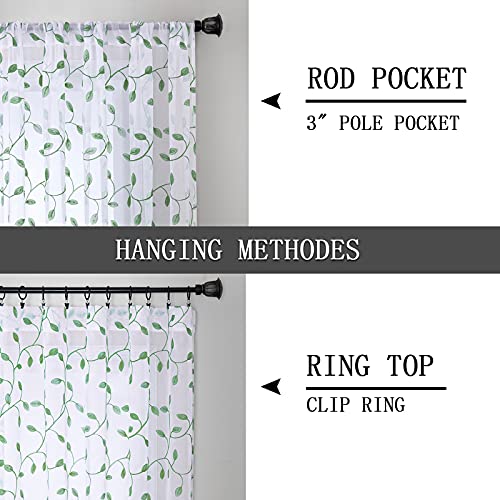 Tollpiz Leaves Sheer Tier Curtain Green Leaf Embroidery Kitchen Half Curtains Rod Pocket Voile Faux Linen Embroidered Leaves Curtain for Bathroom, 30 x 36 inches Long, Set of 2 Panels - color: Green, size: 30"W x 36"L (Pack of 2)