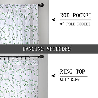 Tollpiz Leaves Sheer Tier Curtain Green Leaf Embroidery Kitchen Half Curtains Rod Pocket Voile Faux Linen Embroidered Leaves Curtain for Bathroom, 30 x 36 inches Long, Set of 2 Panels - color: Green, size: 30"W x 36"L (Pack of 2)