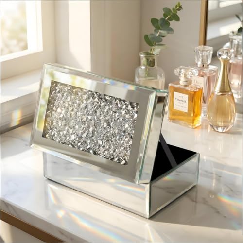 Luxury Silver Crushed Diamond Glass Mirrored Jewelry Organizer Box Storage - color: silver diamond