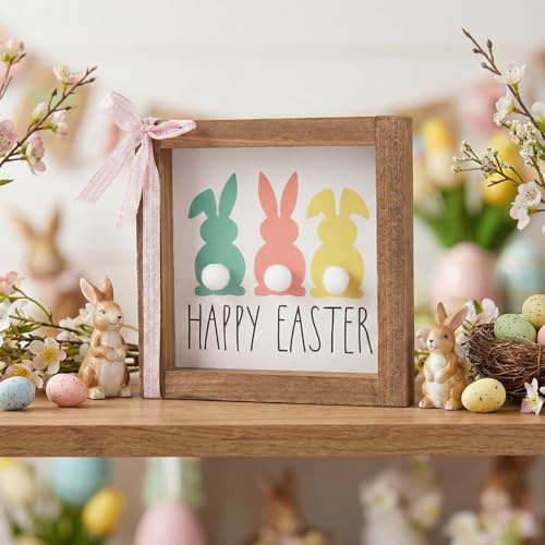 caiydramy Happy Easter Sign, Wooden Easter Bunny Decor with 3D Pom Pom Tail, Spring Wood Decorative Signage Indoor Table Wall Art Shelf Tiered Tray Office Desk Mantel Rustic Farmhouse Home Decorations