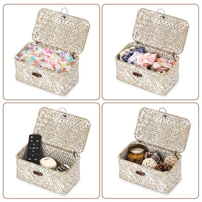 Handwoven Seagrass Basket Small Wicker Basket with Lid,7x4.3x 3.3" - color: Whitewash color, size: 7.0"L x 4.3"W x 3.3"H