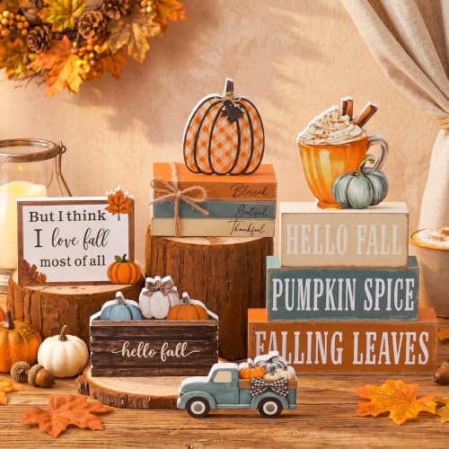 11 Pcs Fall Coffee Table Decor for Home, Wooden Pumpkin Spice Signs - style: Fall Farmhouse