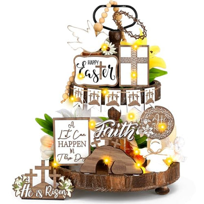 Menkxi 15 Pcs Easter Tiered Tray Decor Set He is Risen Jesus Decoration Christian Cross Wooden Easter Table Sign Rustic Religious Centerpieces Farmhouse Tabletop Decorations for Home Shelf Kitchen - style: Cross