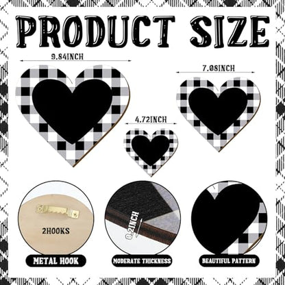 Jetec 3 Pcs Wood Heart Wall Decor Farmhouse Plaque, Black Heart Plaid - style: Rustic