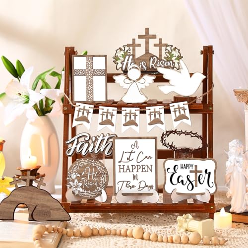 Menkxi 15 Pcs Easter Tiered Tray Decor Set He is Risen Jesus Decoration Christian Cross Wooden Easter Table Sign Rustic Religious Centerpieces Farmhouse Tabletop Decorations for Home Shelf Kitchen - style: Cross