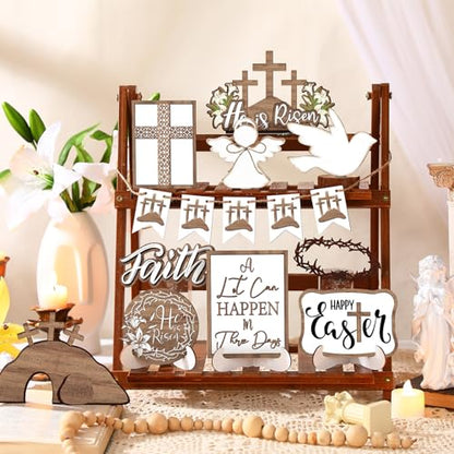 Menkxi 15 Pcs Easter Tiered Tray Decor Set He is Risen Jesus Decoration Christian Cross Wooden Easter Table Sign Rustic Religious Centerpieces Farmhouse Tabletop Decorations for Home Shelf Kitchen - style: Cross