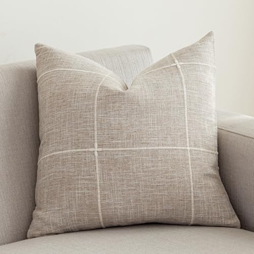 vctops Rustic Lattice Cotton Linen Decorative Throw Pillow Cover Embroidery Square Cushion Cover Pillowcase for Sofa Bedroom Couch (Plaid Coffee, 20"x20") - color: Plaid Coffee, size: 20" x 20" (Pack of 1)