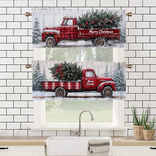 Christmas Kitchen Curtains 2 Set for Windows Red Truck Checkered Xmas Rod Pocket Window Treatments Drapes for Bedroom Bathroom Window Treatment Valances 54x18 inch - color: Christmas