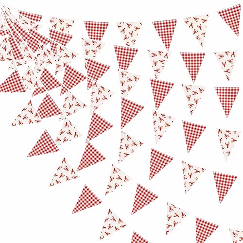 32Ft Crawfish Party Decorations Red Buffalo Plaid Crawfish Pennant Banner Fabric Triangle Flag Garland Streamers for Lobster Birthday Shrimp Seafood Boil Barbecue Party Decor Supplies - color: Plaid Crawfish