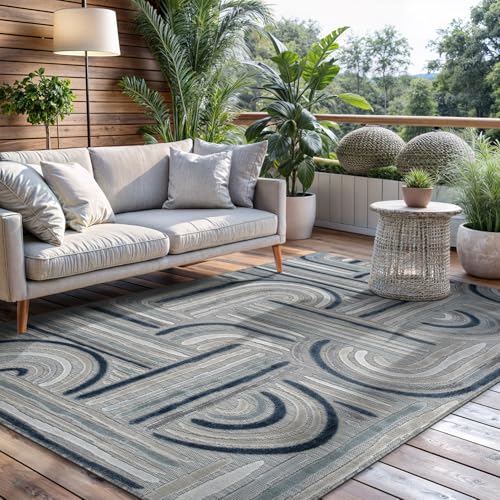 CAMILSON Indoor Outdoor Rug, Blue 5x7 Geometric Arch Striped Area Rugs for Patio and Home Areas, Easy-Cleaning Non-Shedding Living Room, Garden and Deck Washable Outside Carpet (5 x 7) - color: 3004 Blue, size: 5' x 7' (Rectangular)