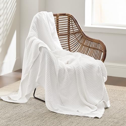Bedsure 100% Cotton Throw Blanket for Couch, Waffle Weave, White, 50"x70" - color: 01 White, size: Throw XL (50" X 70")