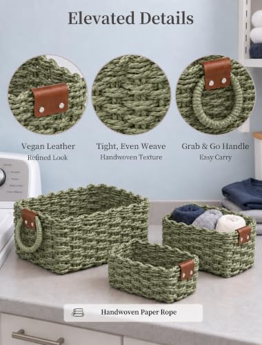 Small Wicker Baskets, 3 PCS Paper Rope Baskets for Shelves, Green - color: Green
