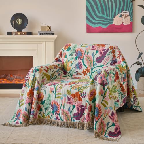 Boho Throw Blanket, 100% Soft Cotton Floral Quilt, Queen 80"x 90" - color: Lavender Purple Flowers, size: Queen 80"x90"