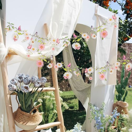 SUNBEAUTY 13FT Wildflower Garland Butterfly Daisy Banner Flower Garlands - color: Pet Flowers - Pink