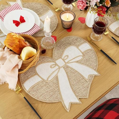 Feuille Valentines Placemat Set of 4,Farmhouse Burlap Heart Bow Valentines Day & Anniversary Placemat Rustic Table Decor for Dining Table - style: Heart Bow
