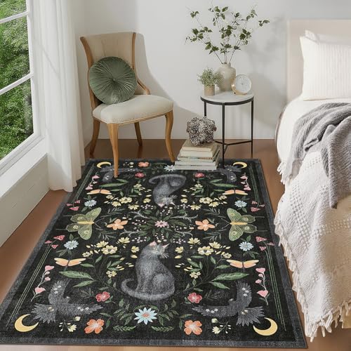 GarveeHome 4x6 Cat Washable Area Rug for Nursery Room, Mushroom Floral Black Bedroom Rug Non Slip Low Pile Butterfly Carpet Stain Resistant Throw Rug for Dorm Kids Room Office Dining Room - color: Black, size: 4' x 6' (Rectangular)