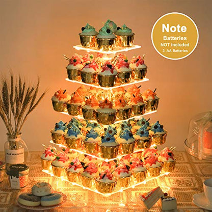 YestBuy 5 Tier Cupcake Stand for 60 Cupcakes with Yellow Lights - color: Yellow, size: 5 Tier Square