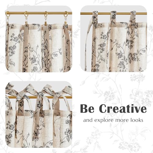 jinchan Black Floral Kitchen Tier Curtains Alisa 24 Inches Tie Top 2 Panles - color: Alisa Black on Linen, size: 26"W x 24"L (Pack of 2)