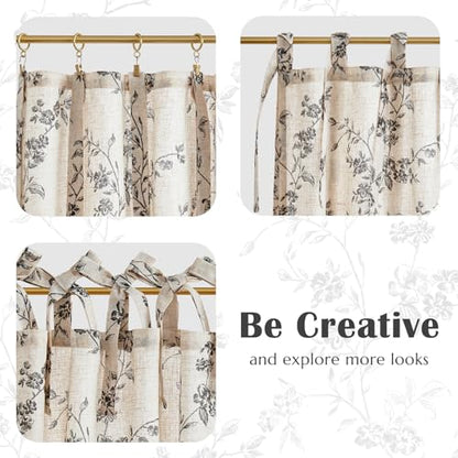 jinchan Black Floral Kitchen Tier Curtains Alisa 24 Inches Tie Top 2 Panles - color: Alisa Black on Linen, size: 26"W x 24"L (Pack of 2)