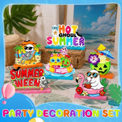 6 Pcs Summerween Wooden Table Centerpieces, Spooky Beach Skeleton Flamingo Tabletop Sign, for Home Kitchen Office Desk Shelves