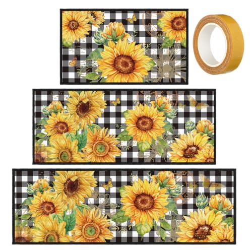 Fourluoo 3 Pcs Sunflower Kitchen Rugs and Mats Set Black White Plaid - color: Black White Gray