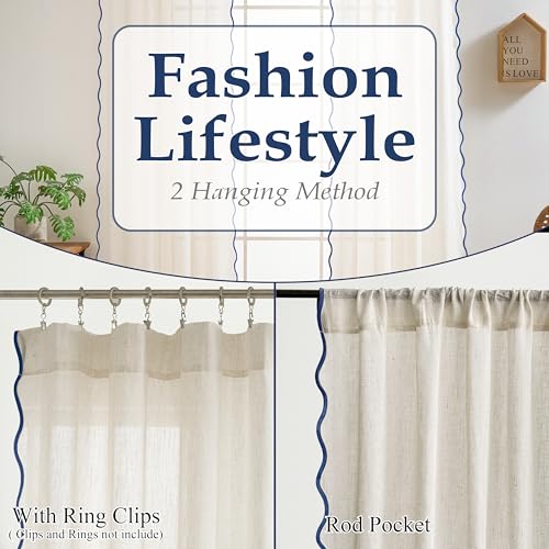 DriftAway Semi Sheer Scalloped Edge Linen Coastal Beach Window Curtains for Living Room Bedroom 2 Panels Rod Pocket Each Size 52 Inch by 63 Inch Navy - color: Linen Navy, size: 52"W x 63"L (Pack of 2)