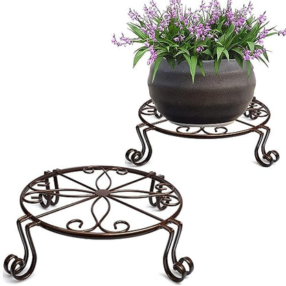 2 Pack 12" Plant Stands, Heavy Duty Rustproof Metal Plant Holders for Indoor and Outdoor Use, Wrought Iron Round Flower Stands for Patio, Balcony, and Garden (Bronze)