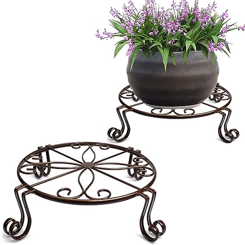 2 Pack 12" Plant Stands, Heavy Duty Rustproof Metal Plant Holders for Indoor and Outdoor Use, Wrought Iron Round Flower Stands for Patio, Balcony, and Garden (Bronze)