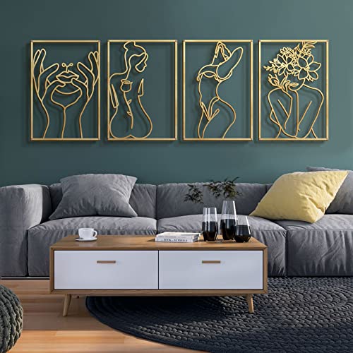 Glamativity 4 Pack Gold Wall Art Decor, Minimalist Single Line Real Metal Wall Art, Woman's Body Shape Abstract Wall Art (Gold Classic Style, 17 x 11.8'') - color: Gold Classic Style, size: M Size 17 x 11.8''