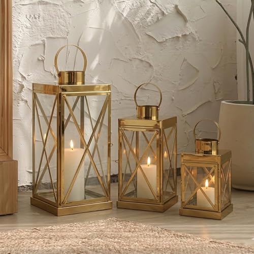TRIROCKS Gold Stainless Steel Lantern Set of 3-Square Elegance 8/12/16 Inch Opulent Metal Candle Lanterns Candle Holder with Tempered Glass for Home Garden Indoor Outdoor Decor Celebratory Everyday - color: Gold