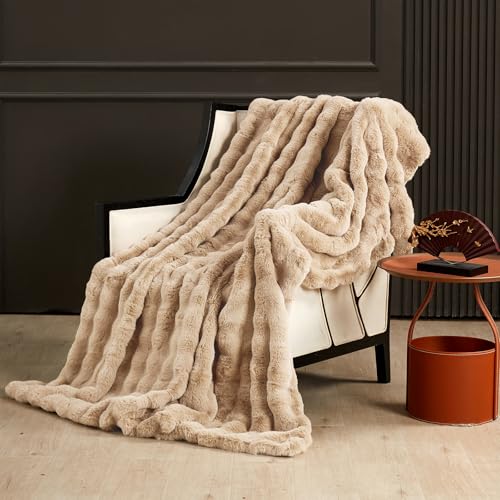 SAPHREAS Faux Fur Throw Blanket for Couch, Fluffy Fuzzy Bubble Blanket for Sofa Bed Living Room, Decor Soft Cozy Gifts for Women Men, 50x60” Khaki - color: Khaki, size: Throw(50"x60")