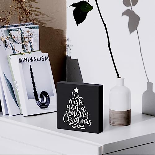 Funny Christmas Wooden Box Sign Plaque We Wish You a Merry Christmas Black Wood Box Sign Rustic Art Home Shelf Desk Decor 5 x 5 x 1 Inches - color: Merry Christmas26