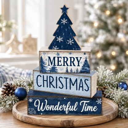 Christmas Table Decorations Wooden Blue Xmas Tree Tiered Tray Decor - style: Blue Tree