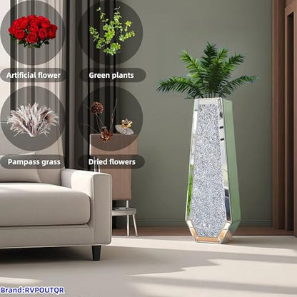 30" Large Double Sided Crushed Diamond Vases,Six Sided Diamond Shape Vase,Tall Silver Mirrored Vase for Floor, Crystal Decorative Vase for Home,Office,Hotel (Silver,10.6" Lx5.3 W x30 H)