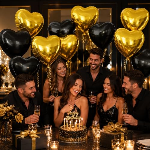 Black Gold Heart Foil Balloons,12Pcs 18Inch Heart Shaped Balloons - color: Black Gold