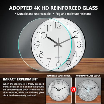 Silent Wall Clocks Battery Operated 8 Inch, Analog Wall Clock with Oversized Number Tempered Glass Clock Face, Black Quartz Non Ticking Wall Clocks for Living Room Bedroom Kitchen Office - color: White, size: 8 Inch