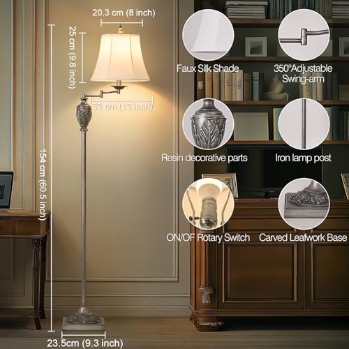Traditional Floor Lamp with 350° Swing Arm,3 Color Temperatures,Silver - color: Antique Silver-11