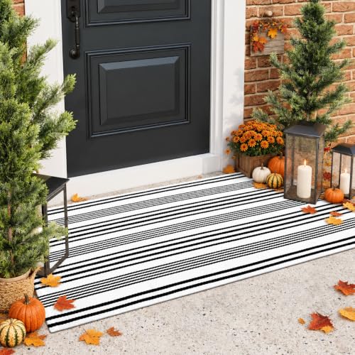 LEEVAN 2'X4.3' Black and White Striped Woven Cotton Reversible Outdoor Rug - color: 1white Strip, size: 2' x 4'3"