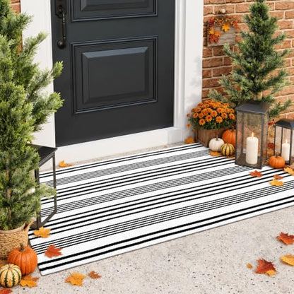 LEEVAN 2'X4.3' Black and White Striped Woven Cotton Reversible Outdoor Rug - color: 1white Strip, size: 2' x 4'3"