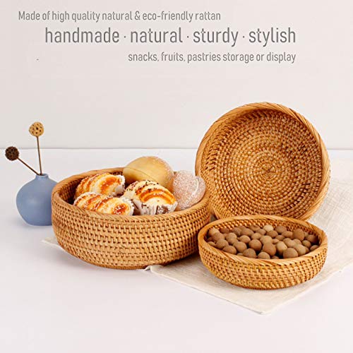 Hadewoven Round Rattan Fruit Basket Wicker Food Tray Weaving Storage Holder Dinning Room Bowl, 10 Inch Woven Bread Basket Key Bowls with 4”Wall for Table, Countertop (Large 9.8") - size: Large 9.8"
