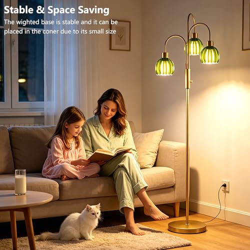 Green Lotus Glass Floor Lamp 3-Light 70" Gold Dimmable Tall Standing Lamp - color: Green Lotus-Gold