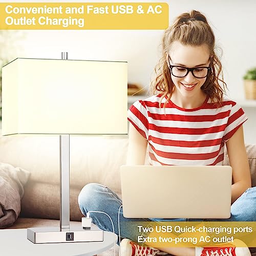 21" Touch Bedside lamps with 2 USB & AC Outlets, 3-Way Dimmable Bedside Table Lamps Set of 2 for Bedroom Living Room Office Reading, White Shade Lamps for Night Stands, 3000K LED Bulbs Included - color: White Cream Linen & Brushed Nickel