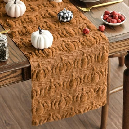 Artoid Mode Caramel Soft Faux Fur Pumpkins Fall Table Runner 13x120 Inch - color: Caramel, size: 13" x 120", Table Runner