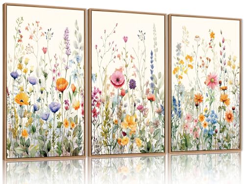 FWIEXA Wildflower Pictures Wall Decor, 3 Piece Floral Canvas Wall Art Set, Framed Watercolor Flower Painting, Colorful Botanical Artwork, 16x24 Inches Poster for Living Room, Bedroom, Nursery, Home - color: Colorful Wildflower, size: 16"L x 24"W