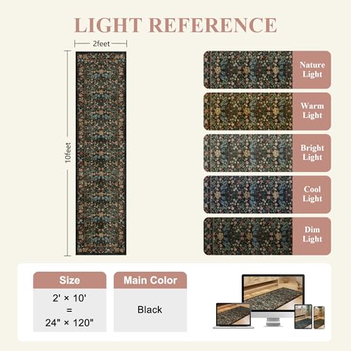 DUKINO 2x10 Runner Rug, Washable Vintage Floral Kitchen Rug, Black - color: Black, size: 2' x 10' (Rectangular)