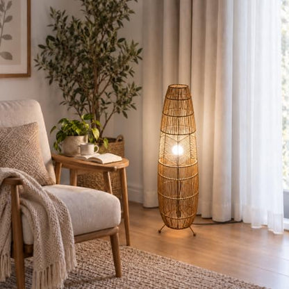 Hand Woven Rattan Floor Lamp,Boho Standing Lamps for Living Room - color: Rope