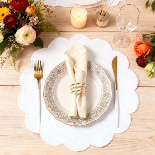 Qinyoung 6 Pieces White Cotton Placemats 13.8 Inch Scalloped placemats - size: 13.8 Inches, style: Solid Color