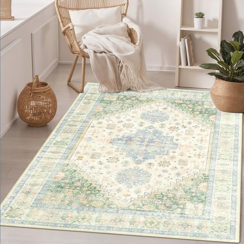 MUJOO 3x5 Rug Washable Boho Area Rugs Low Pile Non Slip Green and Blue - color: Green and Blue, size: 3' x 5' (Rectangular)